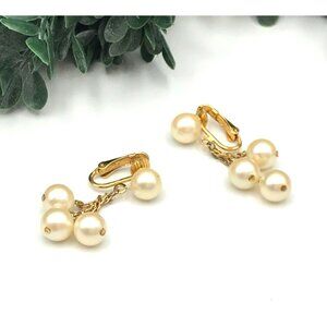Vintage Gold-Tone Clip-On Dangle Earrings With Faux Pearl Clusters